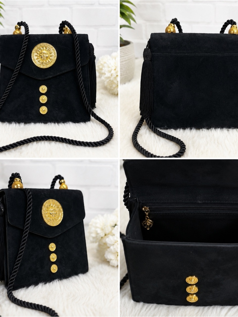 Vintage Black Suede Shoulder Bag Gold Medallion Tassel Rope Strap Purse